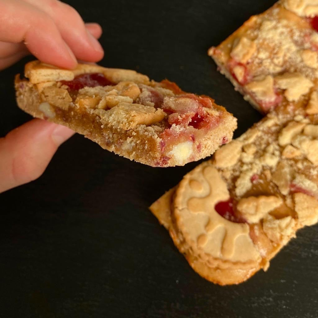 Light White Chocolate And Raspberry Jammie Dodger Protein Tray Bake